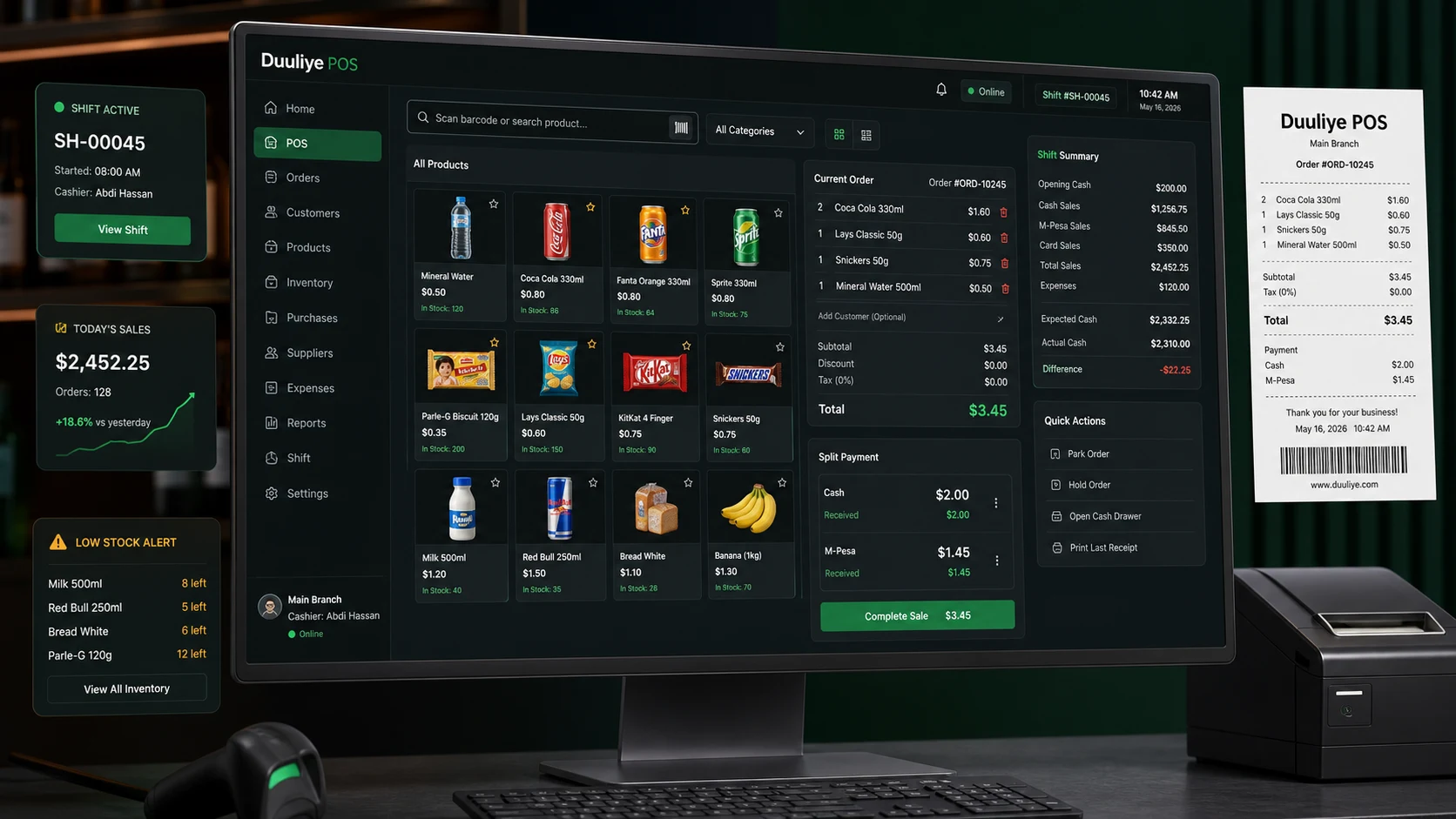 Duuliye POS desktop — barcode scanning, split payment, shift summary and live receipt