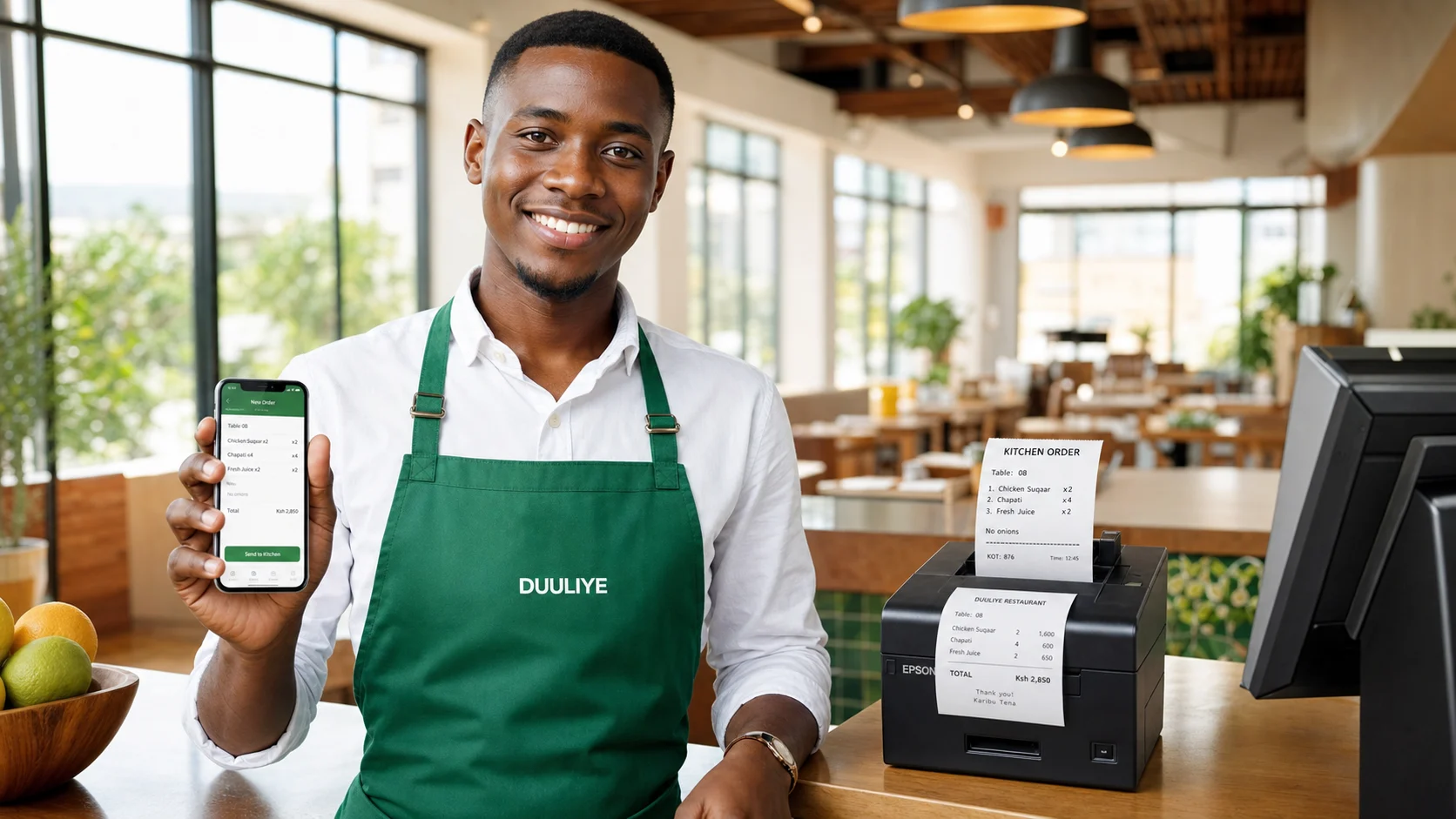 A waiter using the Duuliye Business app while the kitchen printer prints a KOT ticket